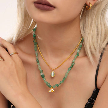 Gold Snake Chain Aquamarine Pendant Green Stone Whale Tail