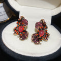 Antique Gold Tone Red Crystal Floral Cluster Stud Earrings view 1