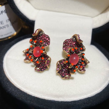 Antique Gold Tone Red Crystal Floral Cluster Stud Earrings