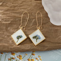 Gold Tone Square Clear Resin Pressed Flower Long Hook Earrings view 4