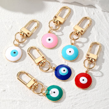 Round Enamel Evil Eye Keychains Gold Clasp Six Colors