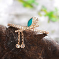 Gold Tone Green Leaf Open Ring With Chain Tassels With Polished Clear Stone Detail view 3