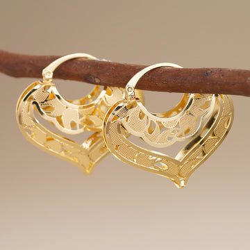 Gold Tone Hollow Heart Filigree Hoop Clip Earrings Pair
