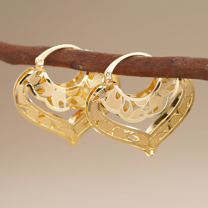 Gold Tone Hollow Heart Filigree Hoop Clip Earrings Pair