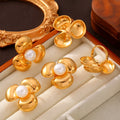 Three-Petal Flower Pearl Rings and Stud Earrings Gold Steel view 4