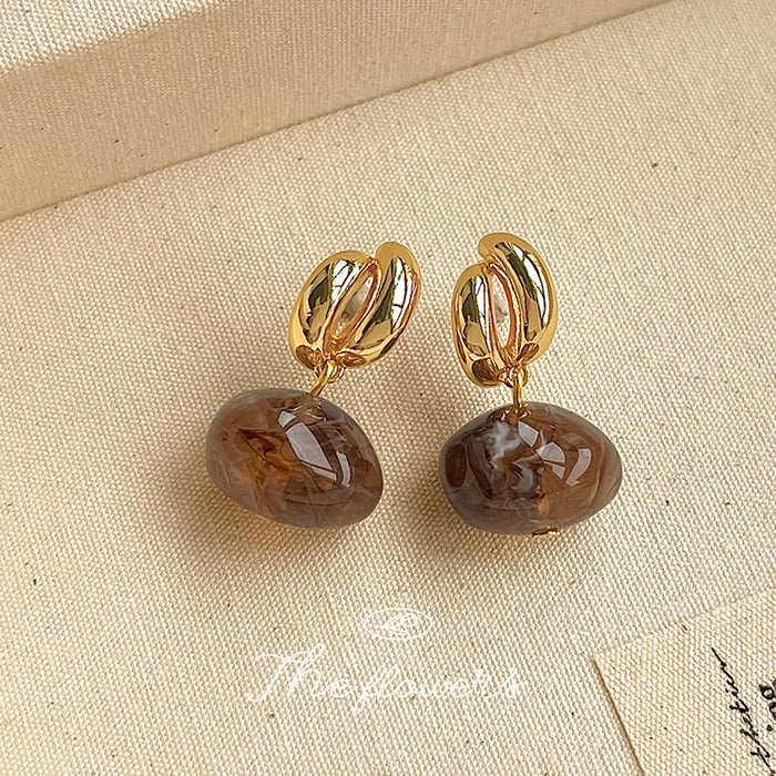 Gold-Tone Bean Stud Amber Marbled Oval Drop Earrings
