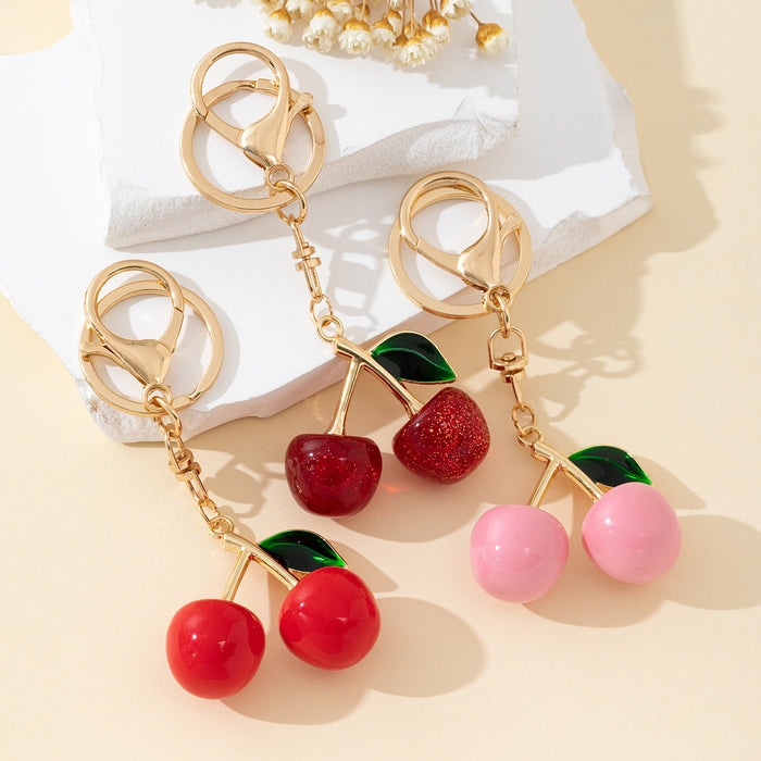 Enamel Cherry Charm Keychain In Red Dark Red And Pink