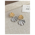 Two Tone Gold Silver Ribbed Shell Drop Stud Earrings view 3
