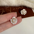 Layered Camellia Stud Earrings With Faux Pearl Centers view 4