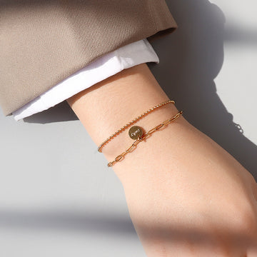 Double Layer Lucky Disc Necklace Bracelet Gold Steel