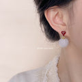Red Enamel Heart Stud Pale Pink Pom-Pom Drop Earrings view 2