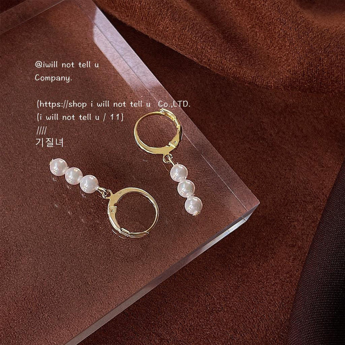Gold Tone Huggie Hoop Earrings With Triple White Pearl Drop