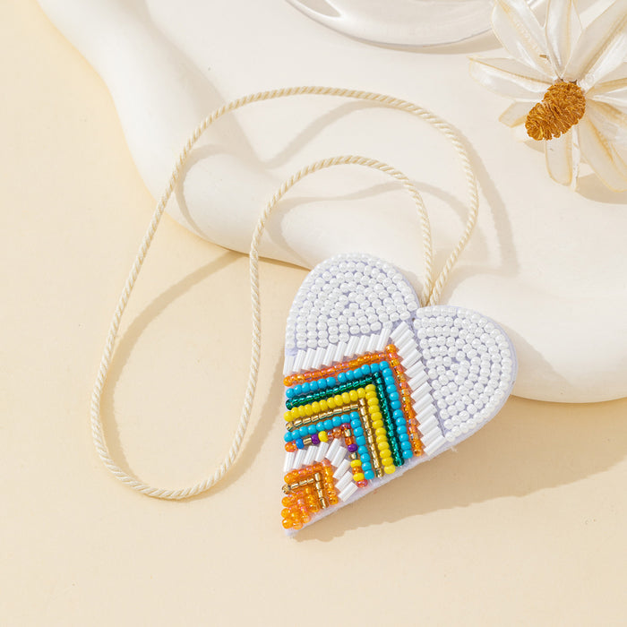 Beaded White Heart Pendant with Colorful Chevron Design