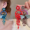 Colorful Floral Hoop Tassel Statement Stud Earrings view 1