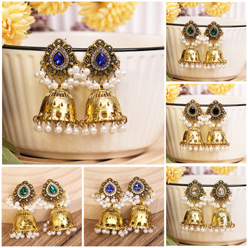 Twelve Ornate Teardrop Bead and Bell Jhumka Earrings