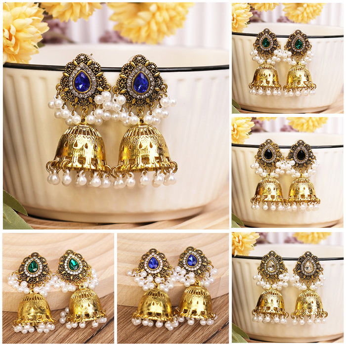Twelve Ornate Teardrop Bead and Bell Jhumka Earrings