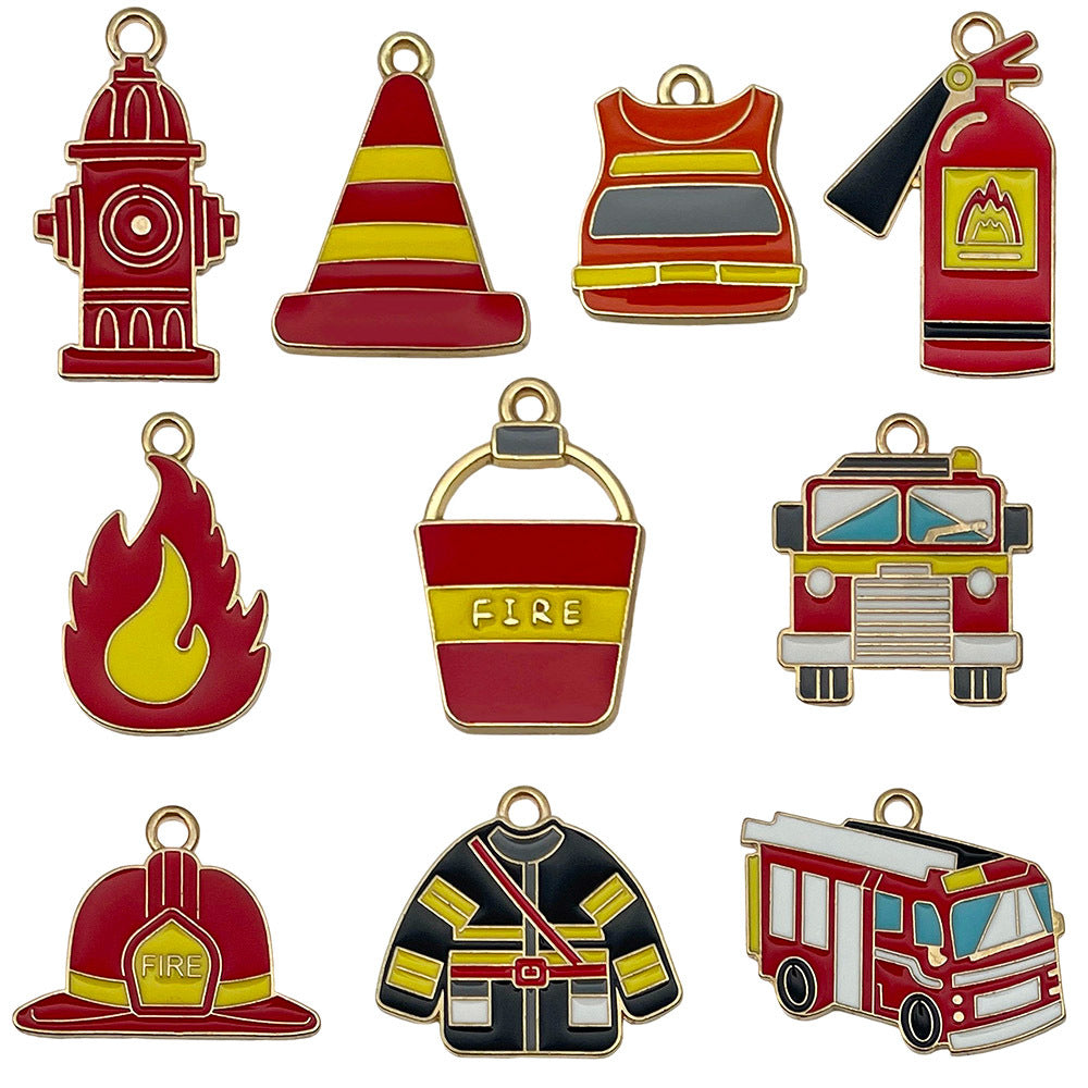 Enamel Zinc Alloy Fire Helmet Fire Truck Extinguisher Charm Pendant for DIY Jewelry