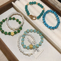 Natural Stone Beaded Bracelets Blue Green Pearl Flower Sets view 2