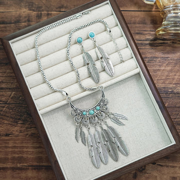 Silver Feather Turquoise Necklace Earrings Jewelry Set