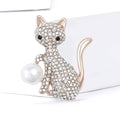 Crystal Cat Brooch Holding a Large Pearl Decorative Clothing Pin view 2