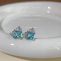 Silver Tone Aqua Square And Clear Heart Faceted Stone Stud Earrings view 3