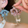 Textile Flower and Pearl Drop Earrings in Blue or Pink view 1