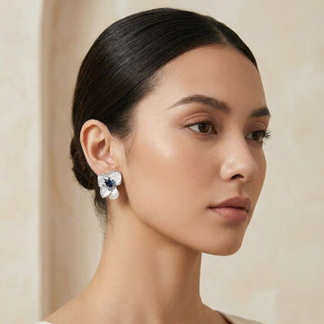 White Translucent Flower Blue Stone Silver Tone Stud Earrings