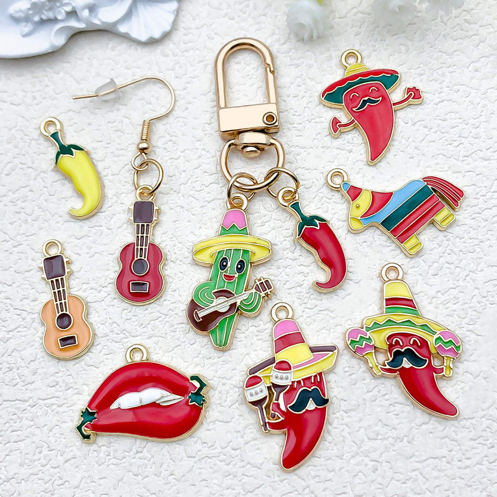 Enamel Zinc Alloy Chili Pepper Cactus Mexican Theme Charm Pendant for DIY Jewelry