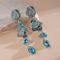 Blue Floral Crystal Fringe Drop Earrings with Crystal Accents view 7