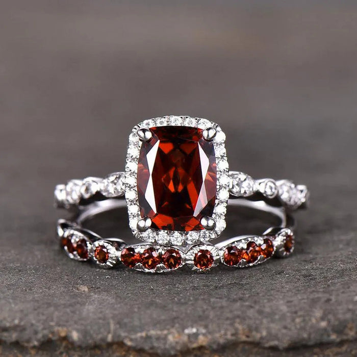 Deep Red Rectangular Halo Two-Ring Set In Silver Tone