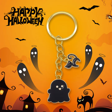 Black Enamel Ghost Keychain Gold Ring Witch Hat Charm