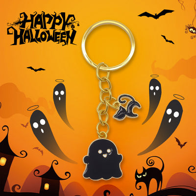 Black ghost witch hat keychain on Happy Halloween graphic