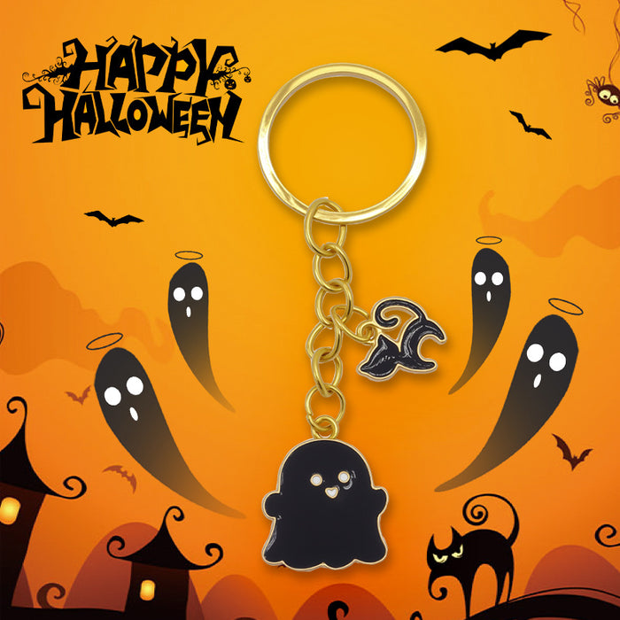 Black Enamel Ghost Keychain Gold Ring Witch Hat Charm
