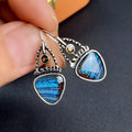 Antique Silver Tone Blue Teardrop Hook Earrings with Polished Finish view 3