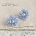 Blue Green Gingham Fabric Flower Pearl Center Studs view 4