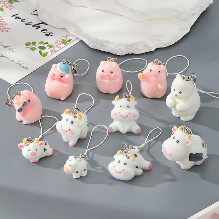 Flocked Pig Cow Phone Strap Charms Lobster Clasp 8 Styles