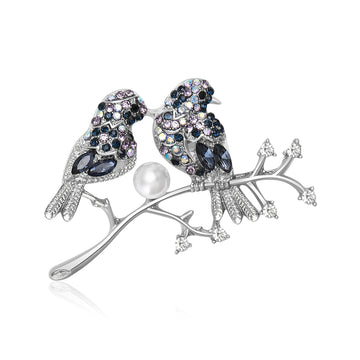 Two Birds On Branch Brooch In Two Colorways With Polished Metal Detail