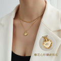 Gold Dual Layer Figaro Chain Heart Pendant Necklace view 3