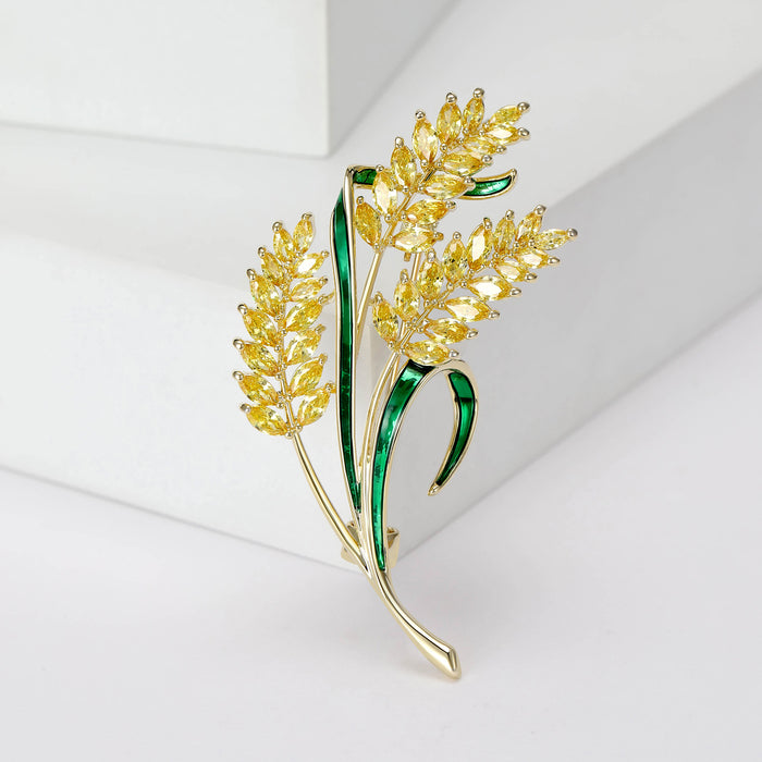 Yellow Crystal Wheat Brooch With Green Enamel Leaves