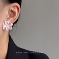 Pink Pearlescent Camellia Flower Stud Earrings Pearl Center view 4