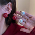 Red White and Cream Oversized Round Ball Stud Earrings view 2