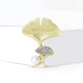 Matte Gold Ginkgo Leaf Brooch Rhinestone Accent White Pearl Pin view 2