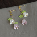 Gold Lily of the Valley Pink White Flower Drop Earrings view 3