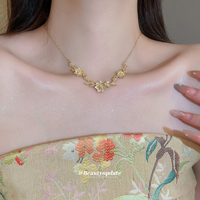 Gold Flower Leaf Vine Necklace Crystal Centers Lobster Clasp