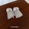 Pearl Bow and Chain Tassel Earrings Statement Jewelry Design view 4