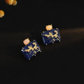 Navy Plum Blossom Rectangle Gold Tone Stud Earrings view 2
