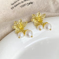 Gold Flower and Pearl Look Ball Jacket Stud Earrings view 3