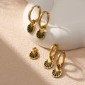 Gold Tone Black Enamel Scallop Shell Charm Hoop Earrings view 1