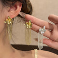 Flower Top Multi Chain Tassel Statement Stud Earrings view 1