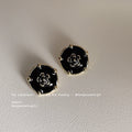 Black Enamel Round Camellia Stud Earrings Gold Tone Prongs view 3